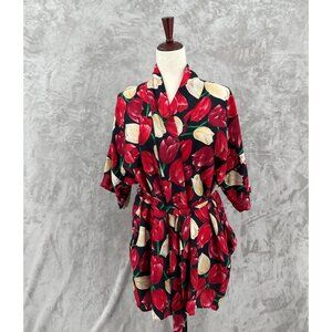 Vintage 100% Silk Allover Tulip Print Belted Robe Romantic Colorful